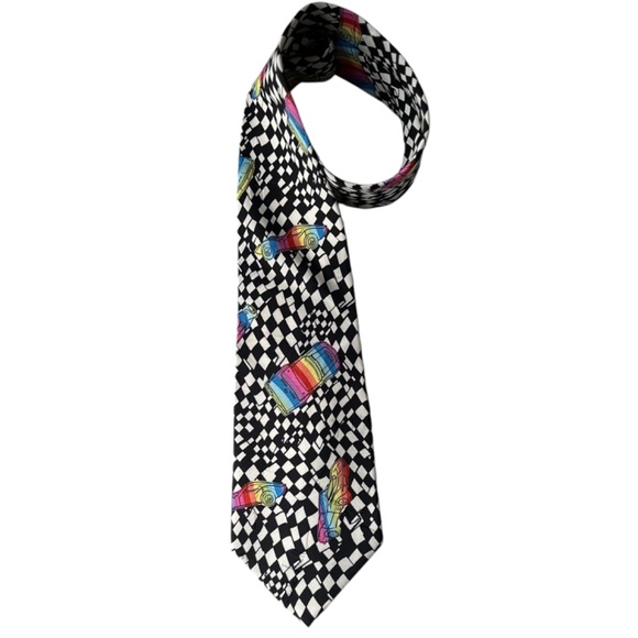 Vintage Nicole Miller for Corvette Black & White Checked 100% Silk Tie - Picture 1 of 5